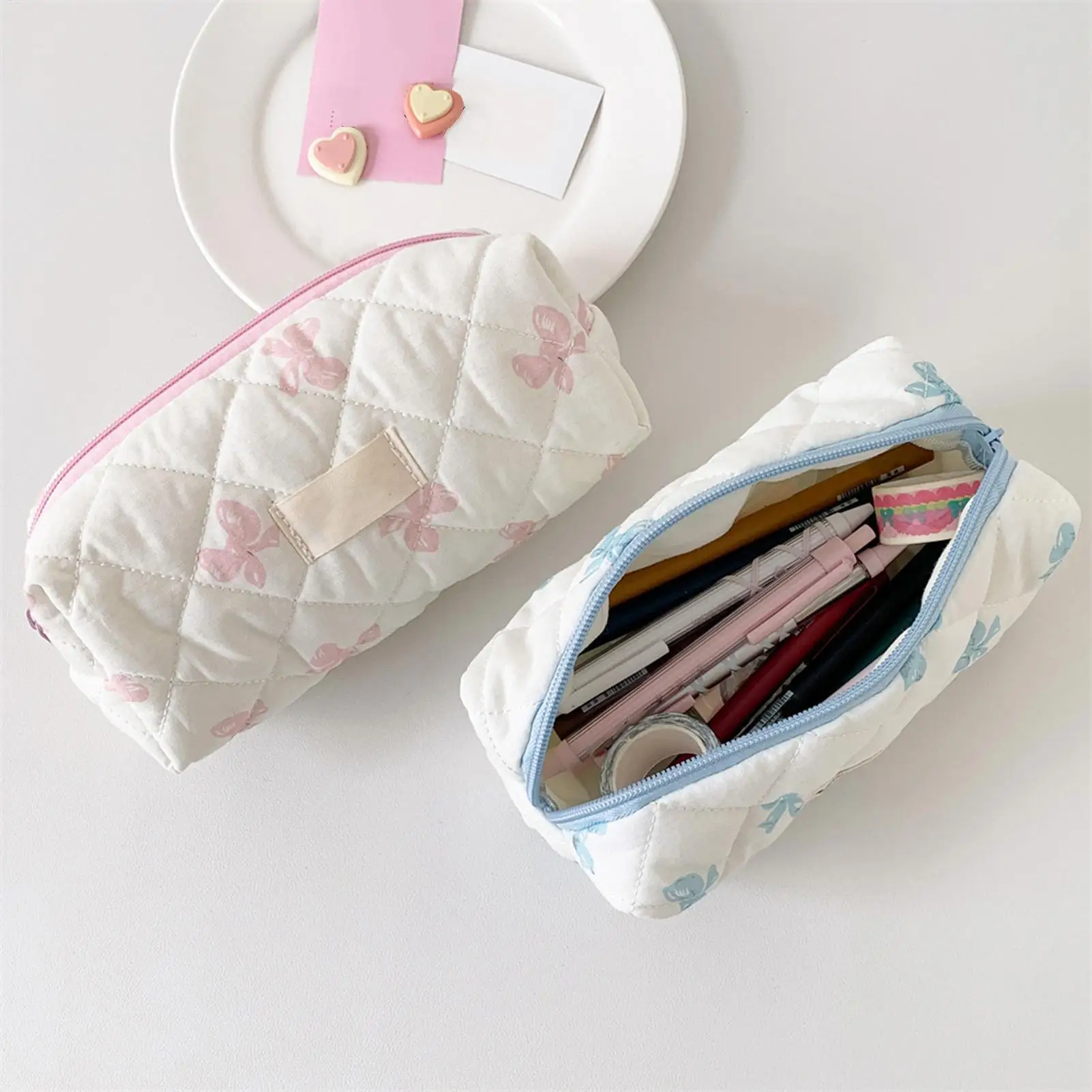 Pencil Pouch Cute Large Capacity Bow Pattern Pen Bag Cosmetic Organizer Portable Case Toiletry Makeup Pouch for College Student