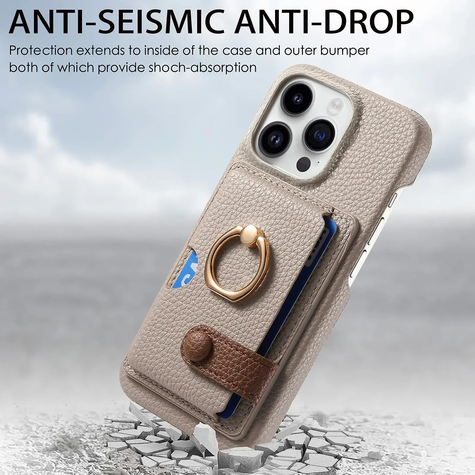 Luxurious Leather Phone Case with Ring Support, Wallet, Card Holder, and Shockproof Protection