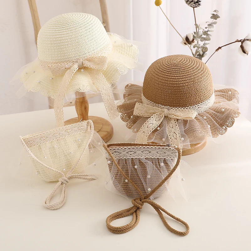 Child Straw Hat Shoulder Bag Set Kids Hats Summer Girl Cute Sweet Lace Bow Beach Hat Travel Anti-UV Breathable Sun Cap