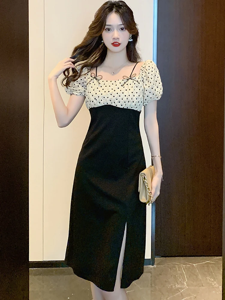 

Summer Black Patchwork Polka Dot Midi Dress Women Short Sleeve Bow Square Collar Dress 2024 Korean Elegant Bodycon Evening Dress