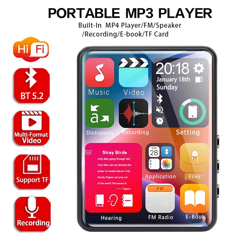 

Portable Mini MP3 Player Bluetooth HiFi Stereo Music Player Full Screen MP4 Video Playback With FM Radio Recording For Walkman