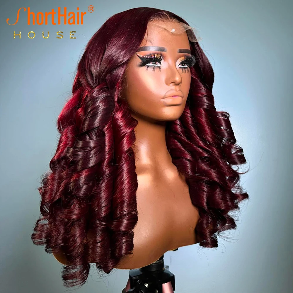 Brazilian Deep Wave 99J Burgundy Lace Front Human Hair Wigs Invisible Strap 360 Full Wigs Loose Wave Pre-Cut Glueless Wig