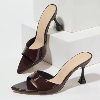 Summer 8CM Slippers Woman Pointed Open Toe Slip On Slides Sandals Ladies Elegant Thin High Heels Party Dress Banquet Mules Shoes