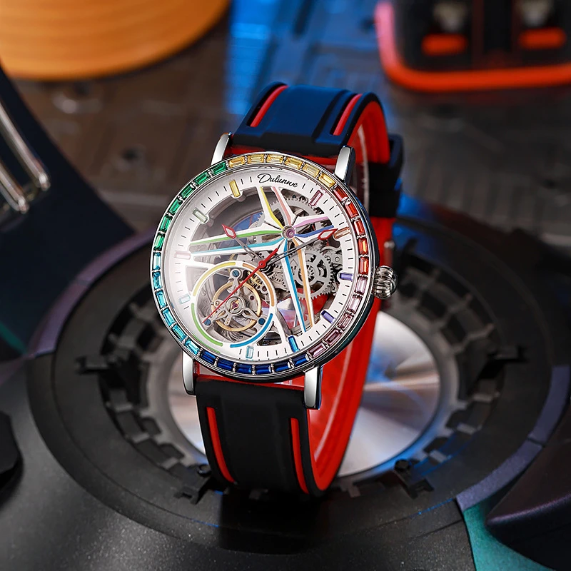 Business Automatic Hollow Men's Mechanical Watch Diamond-encrusted Color Dial Automatic Movement Man Sports Watch