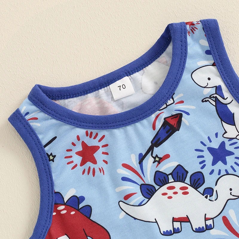 

Baby Boy 2 Piece Summer Outfit Dinosaur Print Round Neck Tank Tops Elastic Waist Shorts 4th of July Set