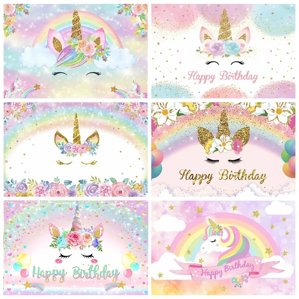 Unicorn Rainbow Happy Birthday Party Backdrop Flower Gold Glitter Unicorn Baby Shower Girl First Birthday Photography Background photo backdrop