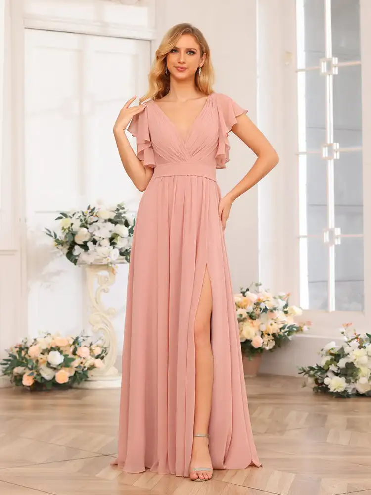 

Deep V-Neck Simple Evening Gowns for Women Pleat Short Pockets Backless Zipper Charming Side Slit Abendkleider Custom Made