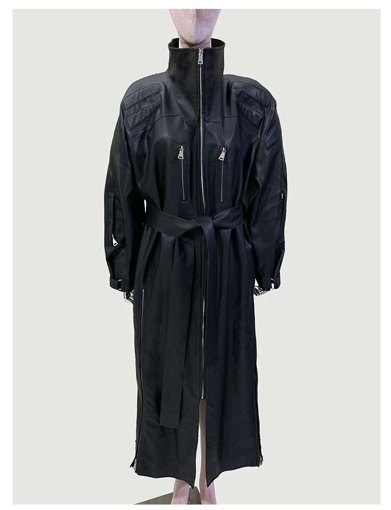 Mauroicardi Spring Autumn Extra Long Cool Black Waterproof Pu Leather Trench Coat for Women Shoulder Pads Zip Up Overcoat 2024