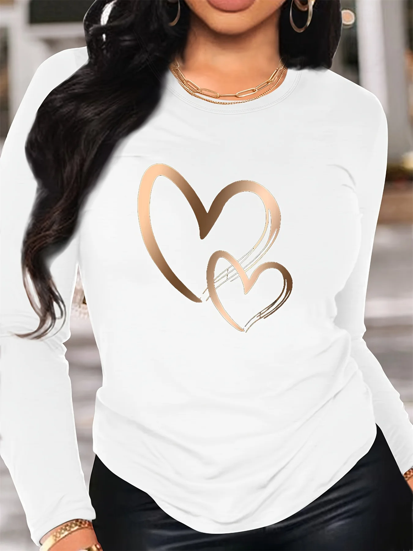 Spring and Autumn Women's 100% Cotton Fashion Casual Loose Heart Pattern Printed Long Sleeve Round Neck T-shirt 4
