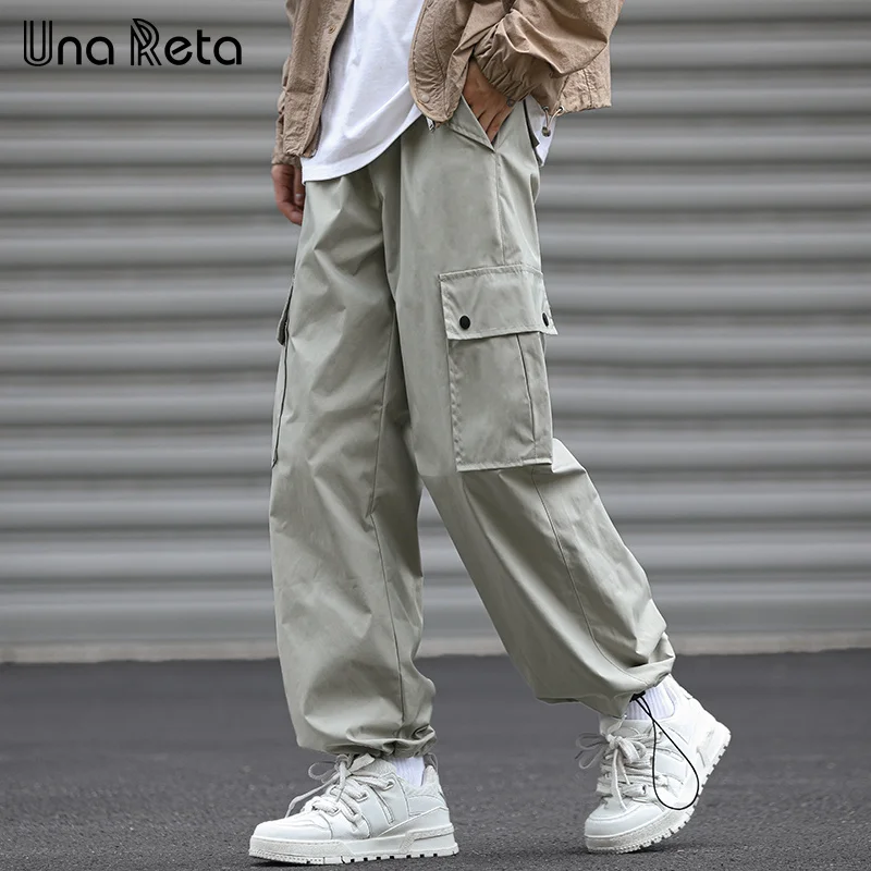 

Una Reta Casual Man Pants Hip Hop Drawstring Design Pants Men Harajuku Sweatpants Fashion Side Pocket Elastic Waistline Trousers