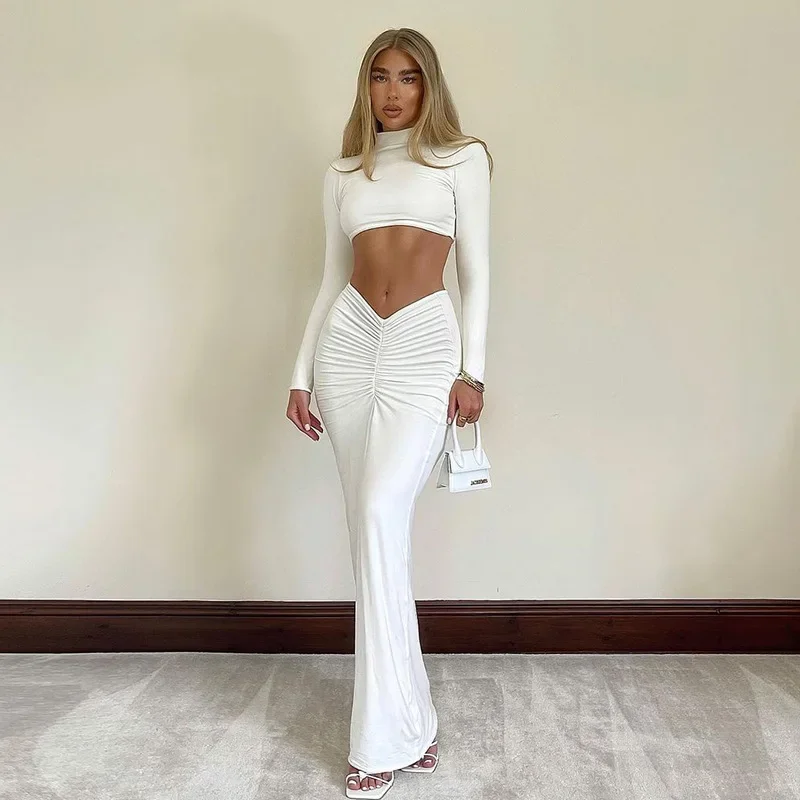 

New Fall 2 Piece Sets 2021 Pure Casual Long-sleeved High-necked Pleated Long Skirt Suit Sexy Bodycon Tshirt Skirt Sets Aesthetic