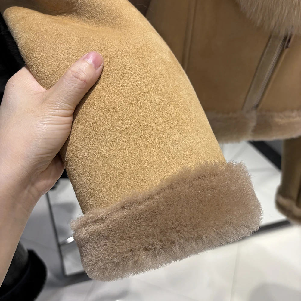 YOLOAgain 2025 Winter Warm Hooded Suede Shearling Jacket Coat Women Real Fox Fur Jacket