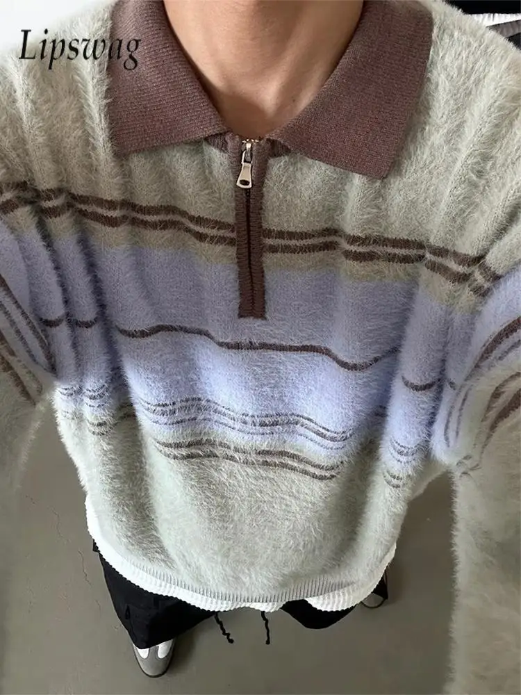 

Autumn Winter Warm Wool Knit Sweater Mens Polo Shirt Knitted Long Sleeve Lapel Zipper Tops Knitwear For Men Patchwork Sweaters