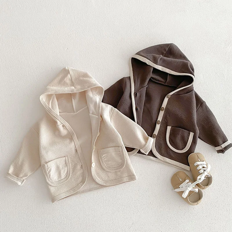 New Spring Korean Style Infant Baby Boys Girls Cardigan Long Sleeved Solid Color Hood Waffle Cotton Newborn Baby Coat