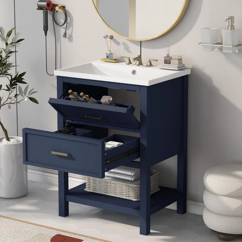 24" Bathroom Vanities with Ceramic Single Sink Combo, Modern Undermount Bathroom Sink Cabinet with 2 Drawers & Open Self 3