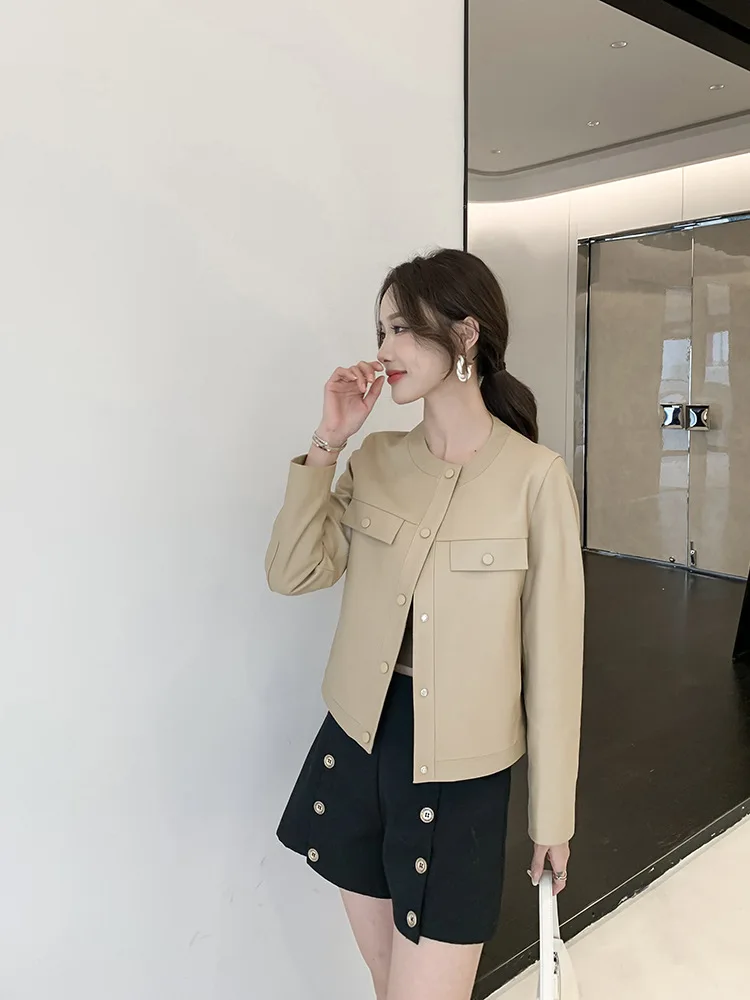 Women\'s Leather Jacket Spring Autumn Fashion Popular O-Neck Single-Breasted Invisible Pocket Short Slim White Sheepskin Ceketler