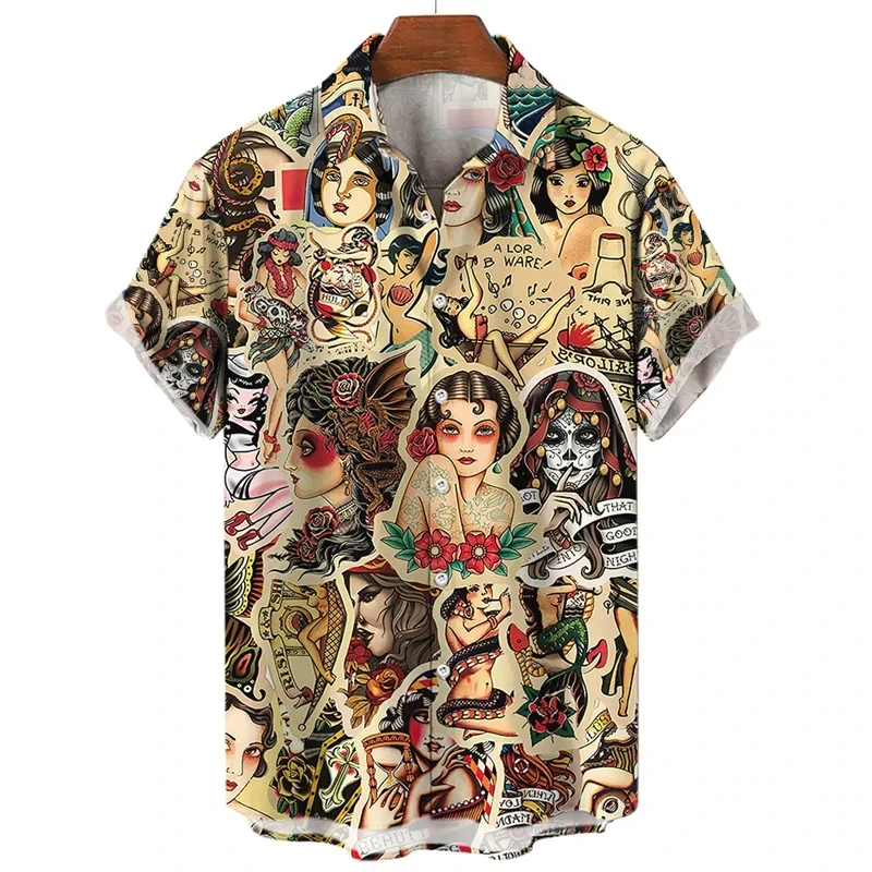 thumbnail image 1 of Camisa con estampado 3D de temática de humanidades para hombre y mujer, informal, de manga corta, con solapa y botones, camiseta de gran tamaño para hombre, 1 of 5