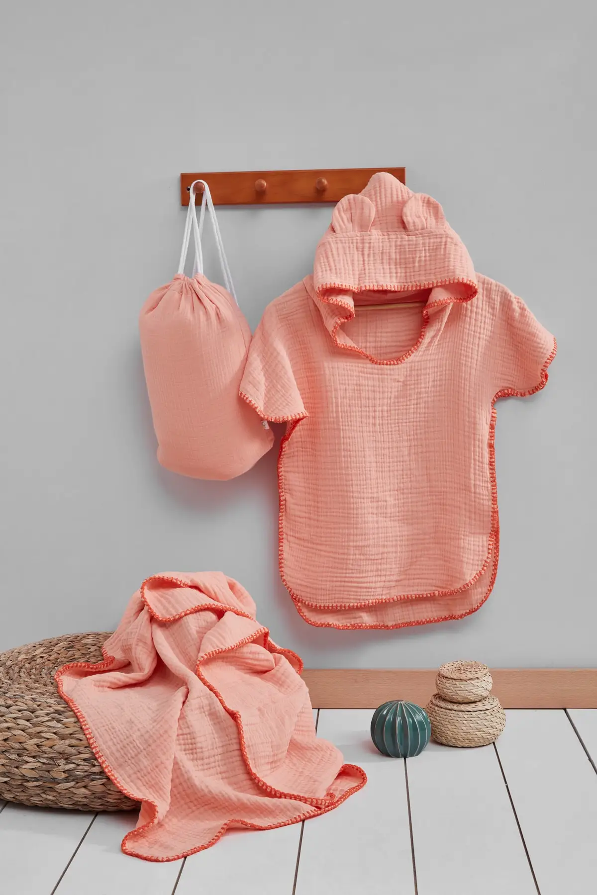 

3 Piece Embroidery Muslin Panço-blanket-bag Set 2-4 Age Salmon 100% Cotton Multiple Pink 2-5 Plain Color Baby Bathrobe