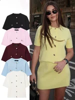 HH 2025 Fashion Women Soild Knitted Cardigan Casual O-Neck Short Sleeve Single-Breasted Commuter Simple Tops Lady Outerwear