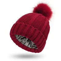 Winter Silk Satin Lined Beanie Hats for Women Thick Chunky Cap Bonnets Striped Warm High Quality Cashmere Knitted Pom Pom Hat 1