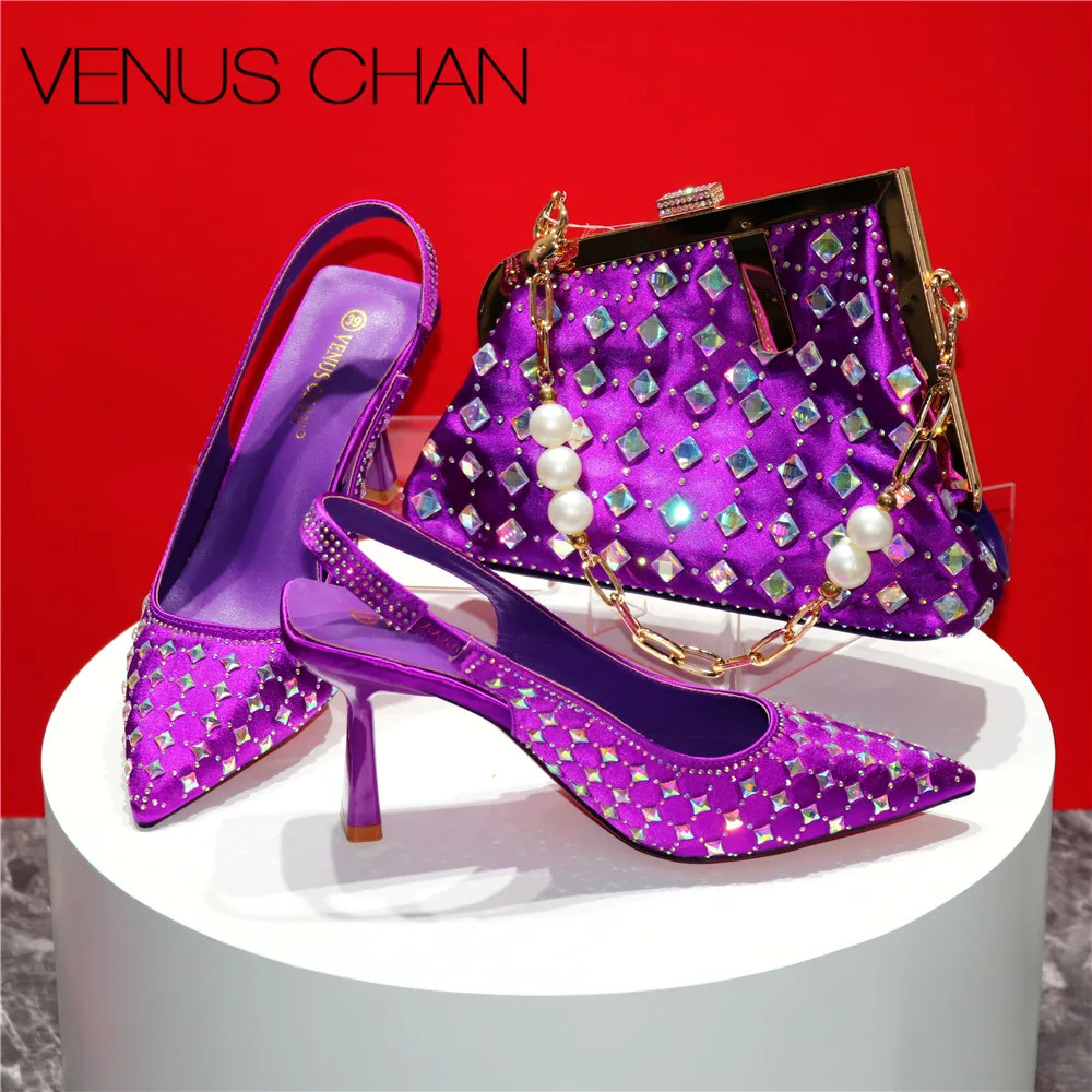 

Women High Heels Sandals Printing Flower Material with Rhinestone Italian Design Purple Color Pointed Toe Shoes and Bags Set