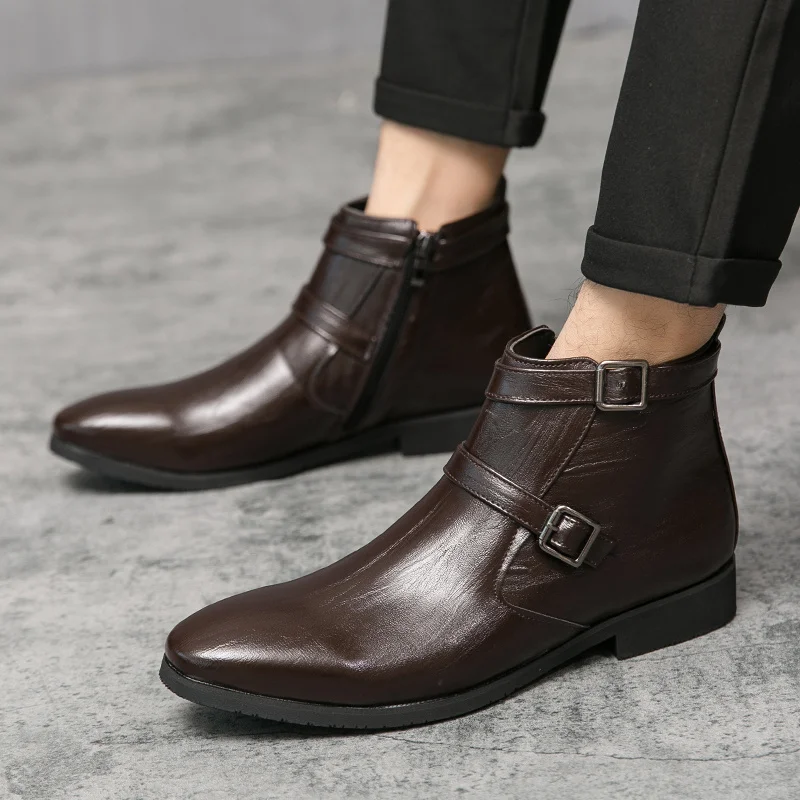 Big Size 47 Retro Black High Top Leather Shoes Men Elegant Men's Dress Boots Comfortable Pointed-Toe Ankle Boots zapatos hombre
