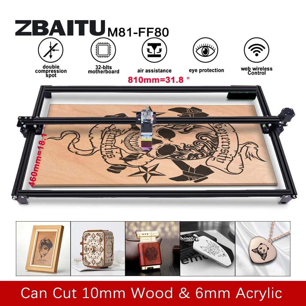 portable woodworking bench ZBAITU FF80 Laser Engraving Cutting Machine 81*46cm Large Area 32-Bit Engraver with Air Assisted Laser Head Cutting Pine woods multi boring machine for wood