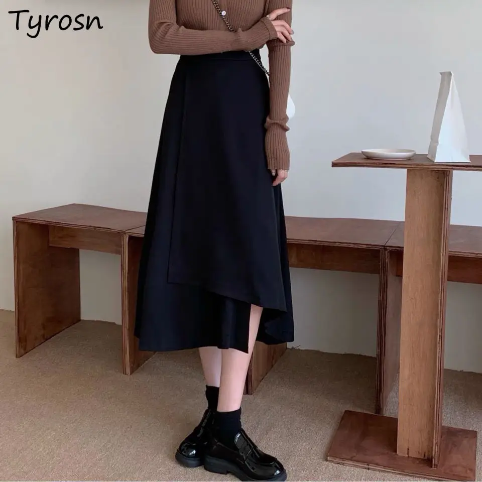 

Spring Women Mid-calf Skirts A-line Solid S-3XL Irregular Draped High Waist Skirt Feminine Office Lady Elegant Faldas Aesthetic