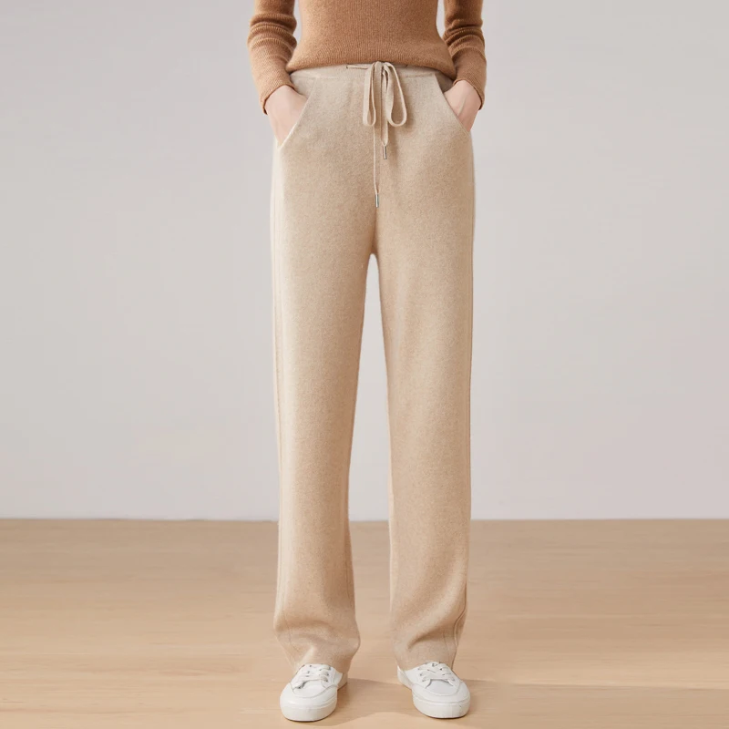 ATTYYWS New Hot Sale 100% Pure Cashmere Ladies Wide Leg Pants Long