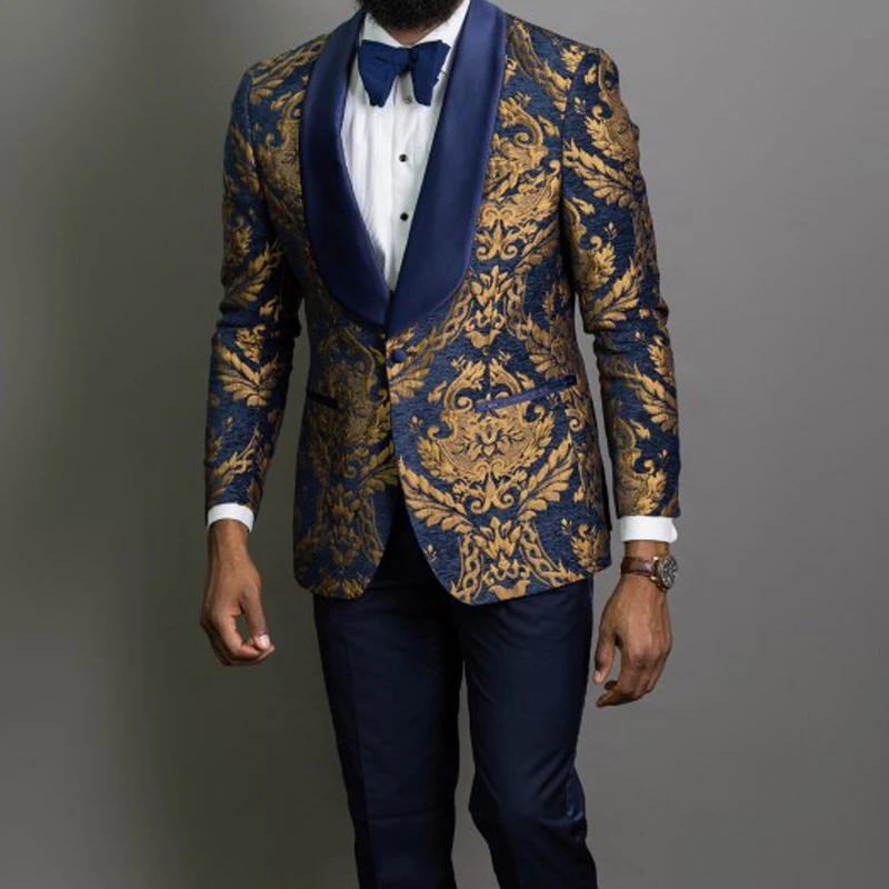 

Gold Floral Jacquard Prom Men Suits Blue Shawl Lapel 3 Piece Slim Fit Groom Tuxedo Male Fashion Costume Blazer Vest with Pants