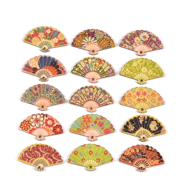 20Pcs 29x48mm Painted Fan Wooden Pendant DIY Crafts Supplies Hanging Ornaments Retro Wood Slices Home Decor C3427