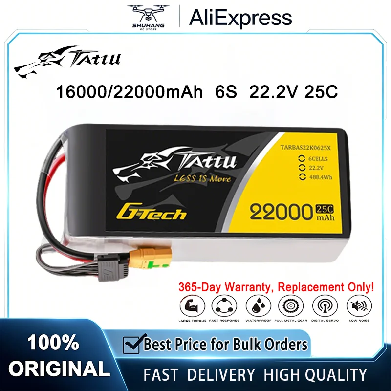 Batterie Lipo Tattu 22000mAh 22.2V 6S 25C pour drone agricole, course FPV et avion, posée sur fond noir.