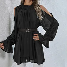 

Sexy Off Shoulder Slim Chiffon High Waist Women's Tops 2022 Spring Autumn Fashion New O Neck Black Long Sleeve Top
