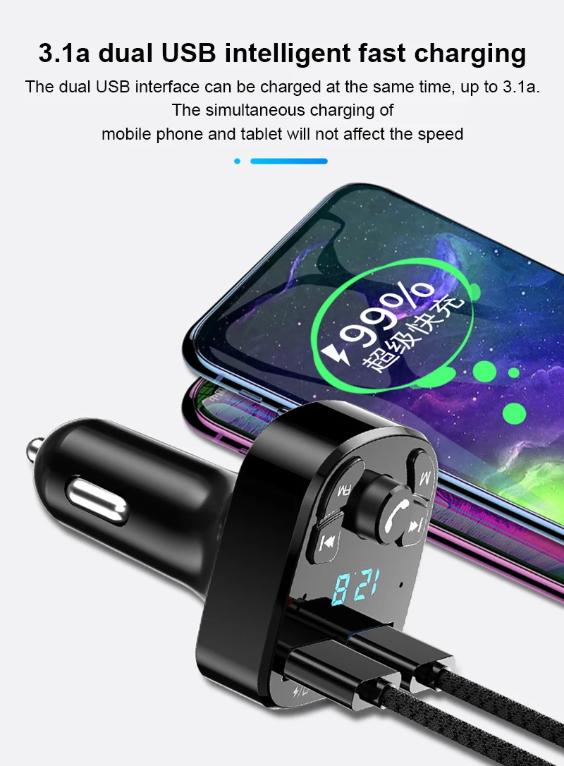 차량용 FM 송신기, 블루투스 5.0, 무선 핸즈프리 키트, 듀얼 USB 차량용 충전기, 3.1A MP3 플레이어, TF 카드, U 디스크, AUX 자동 FM 변조기