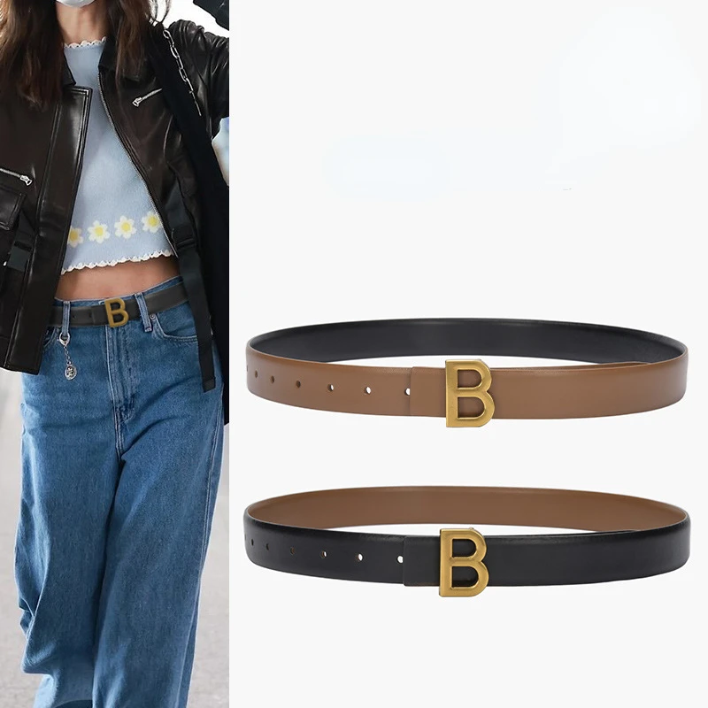 

Women's Thin Belt B Letter Buckle All-match Clothes Decoration Fashion Belt Women Genuine Leather Belt for Woman Luxury Cowboy