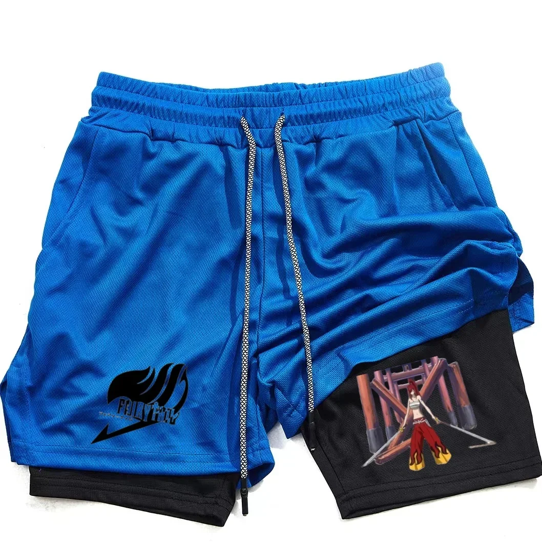 Men's double layered animated fairy tail shorts, gym training print sportswear, multifunctional, quick drying, running, M-3XL 3