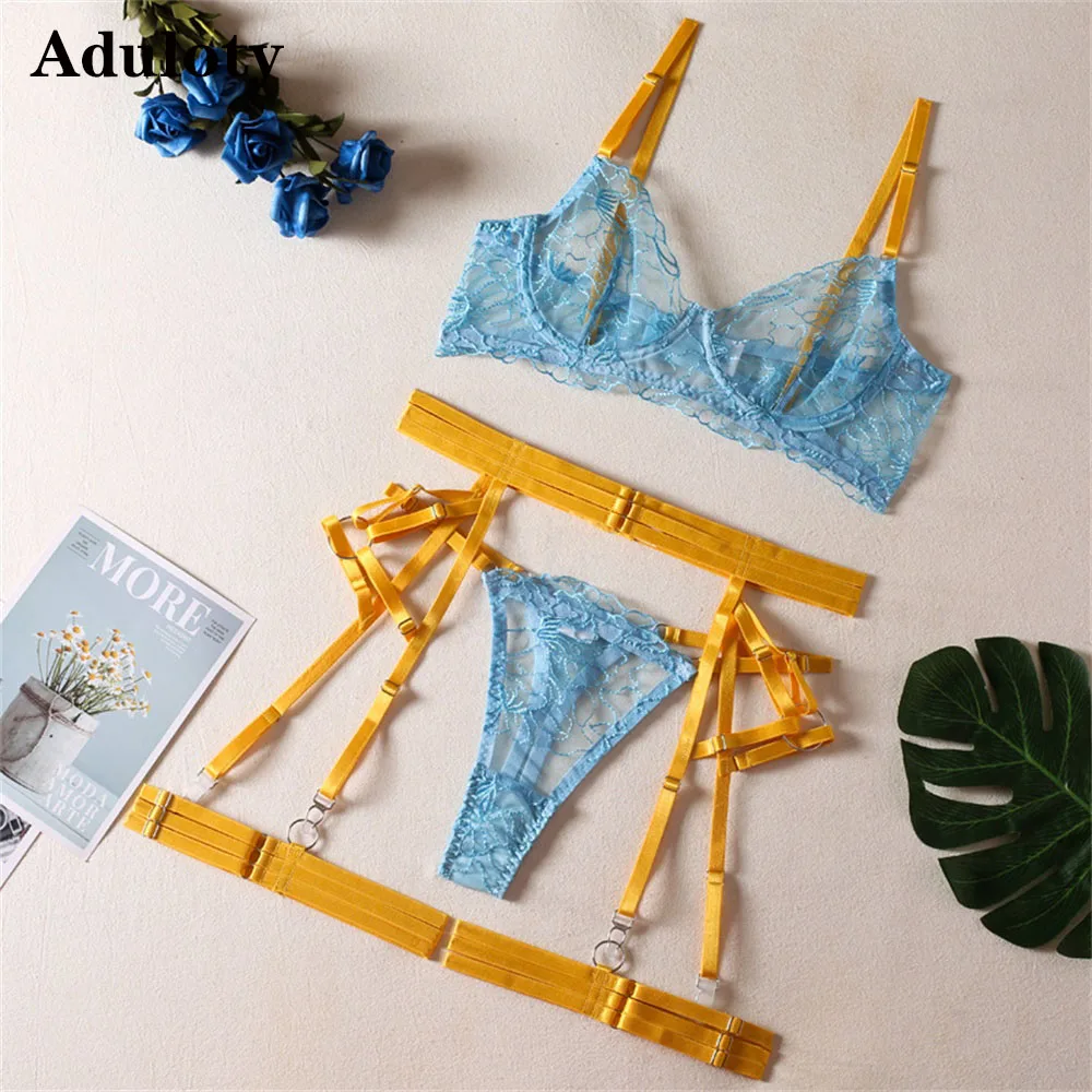 

Aduloty Women's Sexy Lingerie New Embroidery Spelling Erotic Underwear Four-Piece Mesh Lace Underwire Bra Garter Thong Set