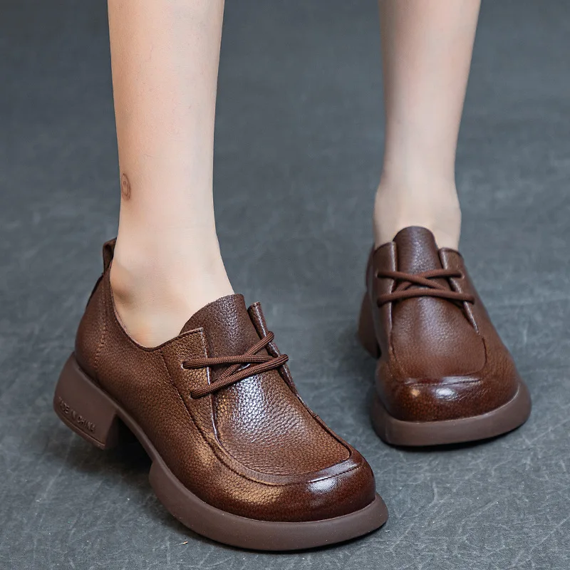 

Туфли женские на толстом каблуке, мягкая воловья кожа, высокий каблук, мягкая подошва, на шнуровке, однотонные, Ретро стиль, осень