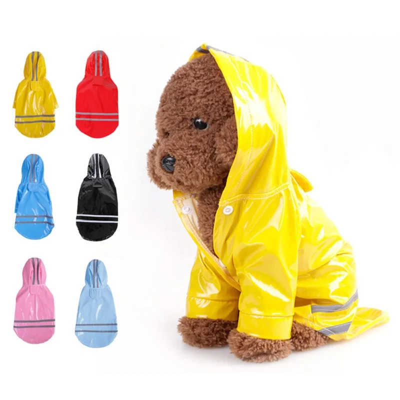 Pet Small Dog Raincoat PU Reflective Waterproof Clothes Hooded Jumpsuit