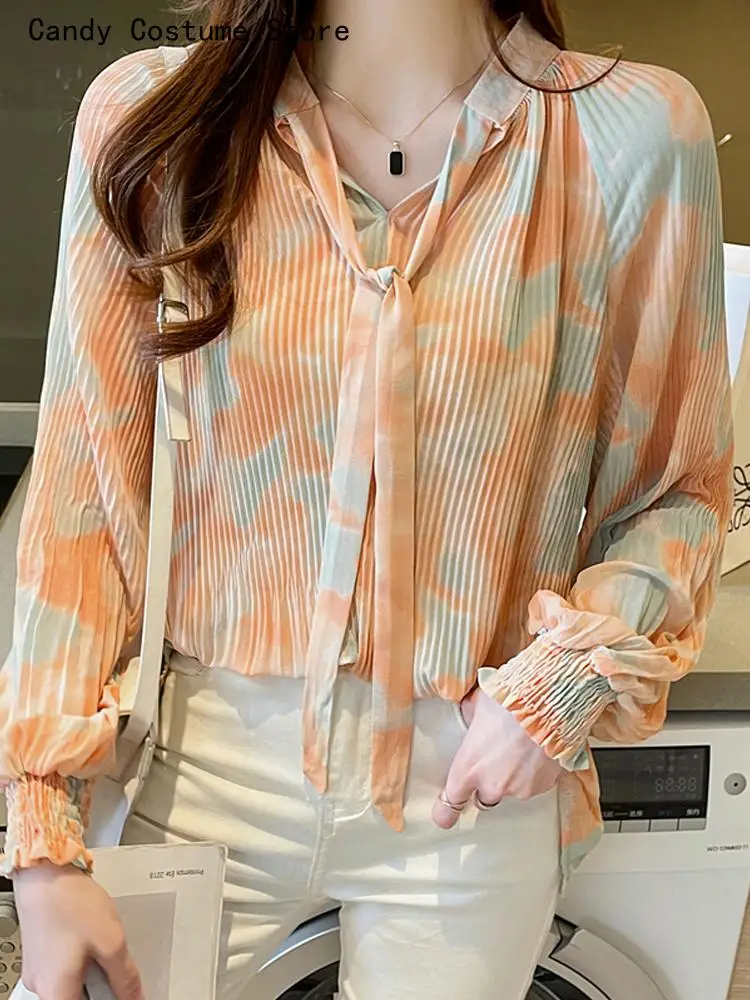 Loose Cozy Shirt Women Tie-dye Pleated Orange Chiffon Shirt Women Fairy Spring Summer Bow Tie Lace Up Long Lantern Sleeve