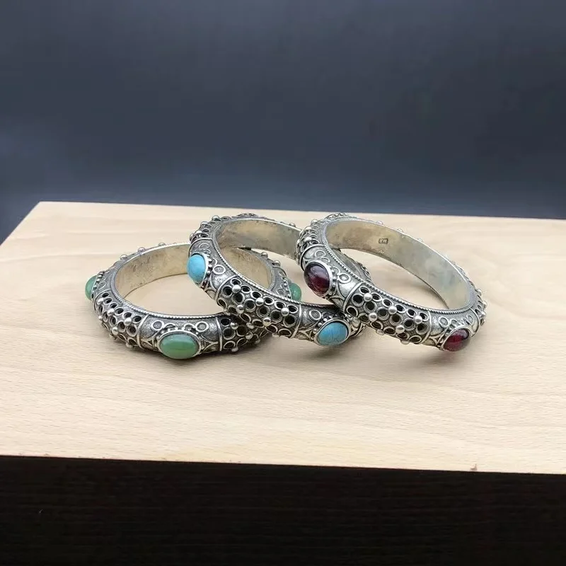 Lunastar Hmong Miao Silver Jade Women Bracelets Handmade Ethnic