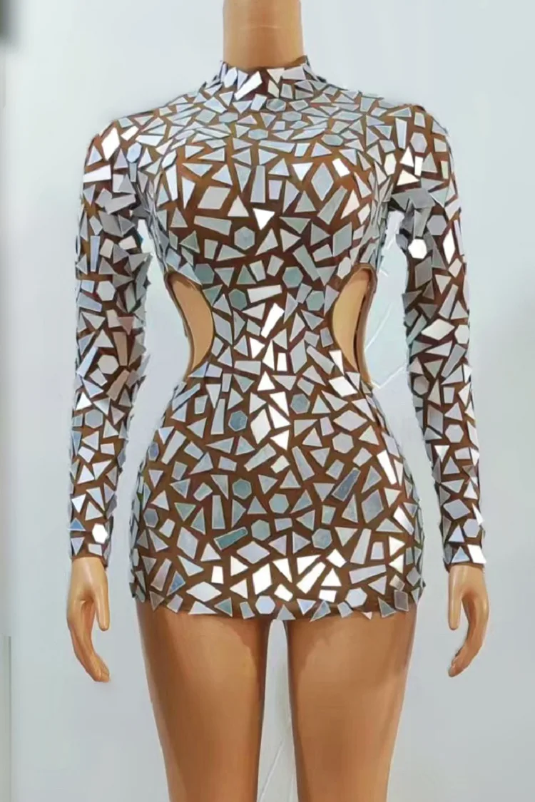 

Silver Mirrors Brown Transparent Dress Birthday Celebrate Sexy Hollow Dress Evening Show Women Dance Outfit loujing