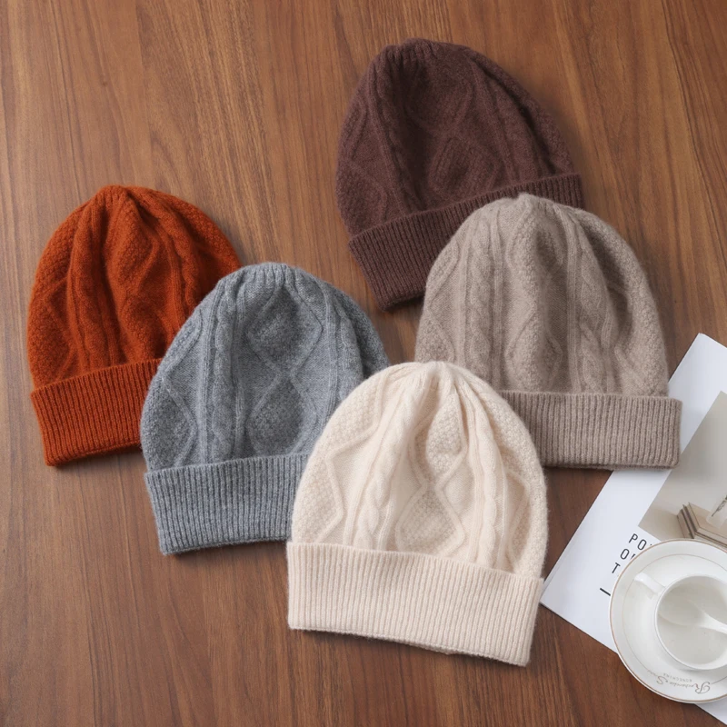 Chapeau d'Hiver en Laine Mérinos pour Homme et Femme, 100% Laine, Motif Losange, Solide, Chaud, Doux, Bonnet Wollen, Y2K, Hip Hop Street, Skullies