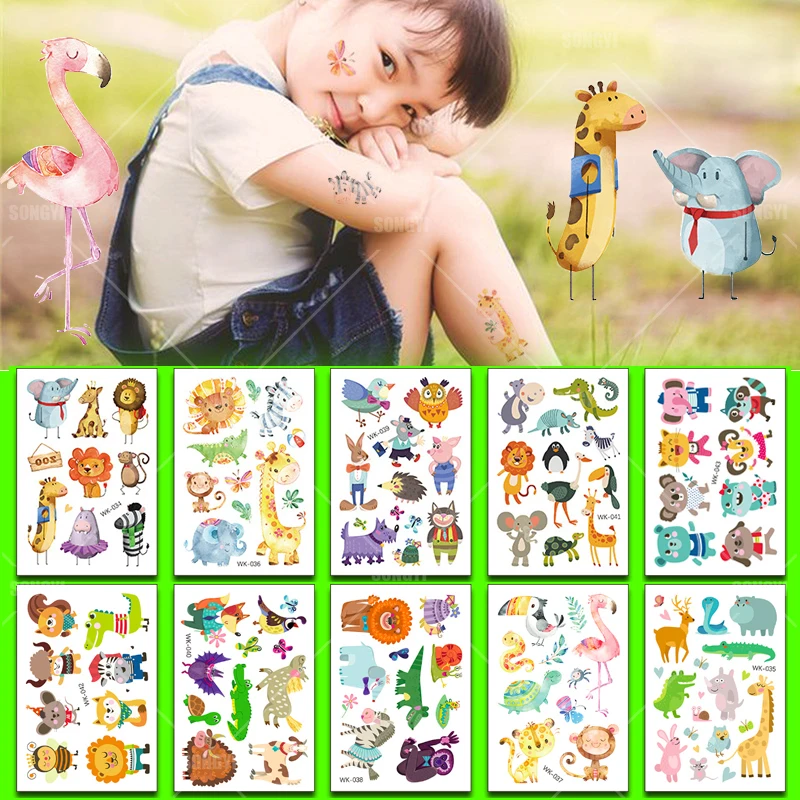 

10 Pack Fake Tattoo Stickers Cartoon Temporary Tattoos Kids Arms DIY Body Art Cartoon Collection Elephant Lion Animals