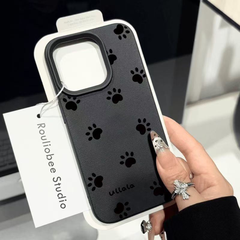 Black Dog Footprints Print Phone Case For iPhone 16 15 14 13 12 11 Pro Max XS XR 15 16 Plus Matte Lichee Pattern Soft TPU Cover