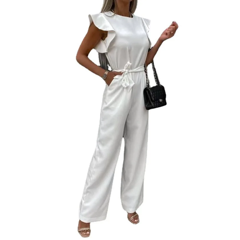 2023 new Women Flutter Sleeve Round Neck Cutout Ruffle Hem Long Jumpsuit