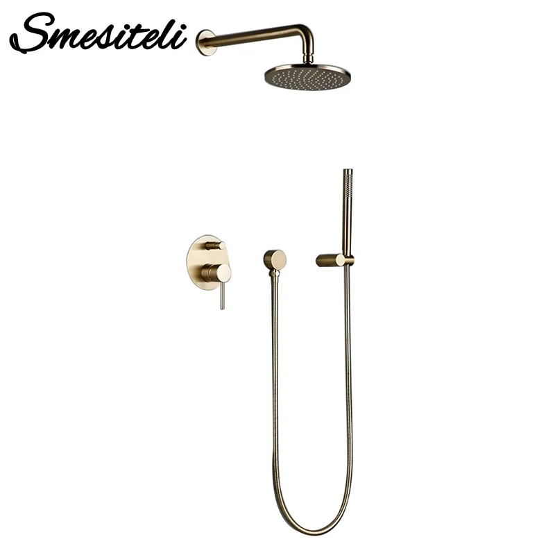 Shower Head Shower Set Shower System Wall Mount Bathroom Set Bath Faucet Brass Diverter Mixer Tap Brushed Gold With RainFall Head And Hand Held 8-12
