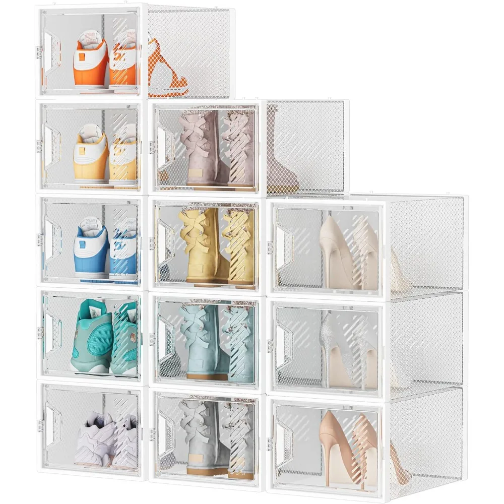 

Shoe Storage, 12 Pack X-Large Organizer for Closet, Boxes Clear Plastic Stackable Storage Boxes for Size 13