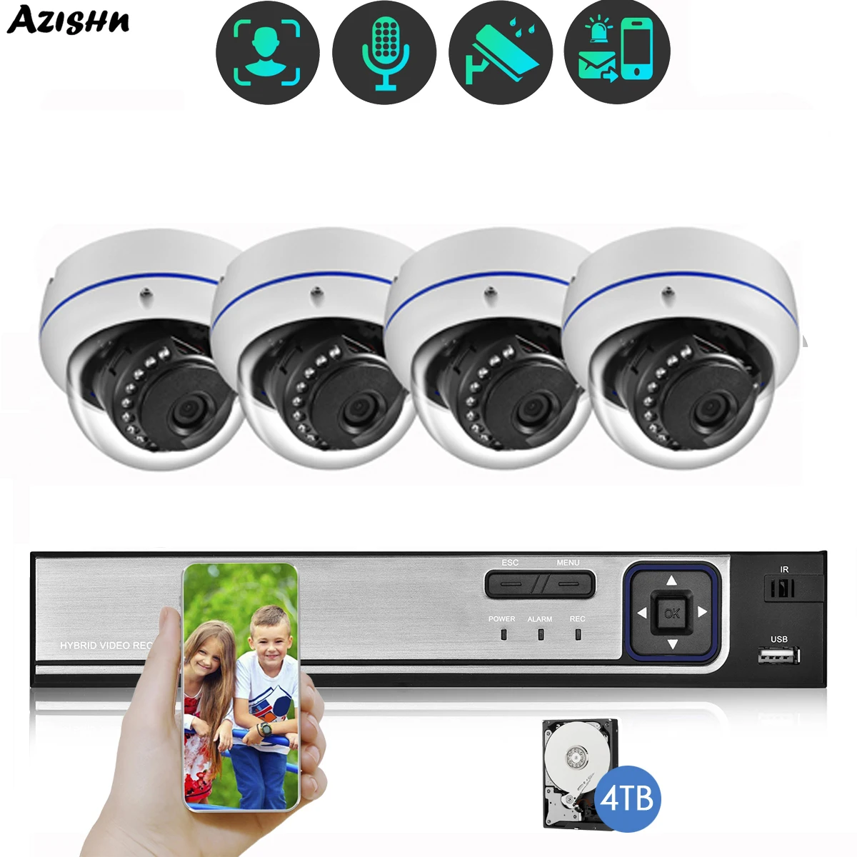 

AZISHN HD 8MP Dome IP Camera System Face Detection 4k 4CH POE NVR Kit Smart E-mail Alerts 2/4pcs Camera Video Surveillance Set