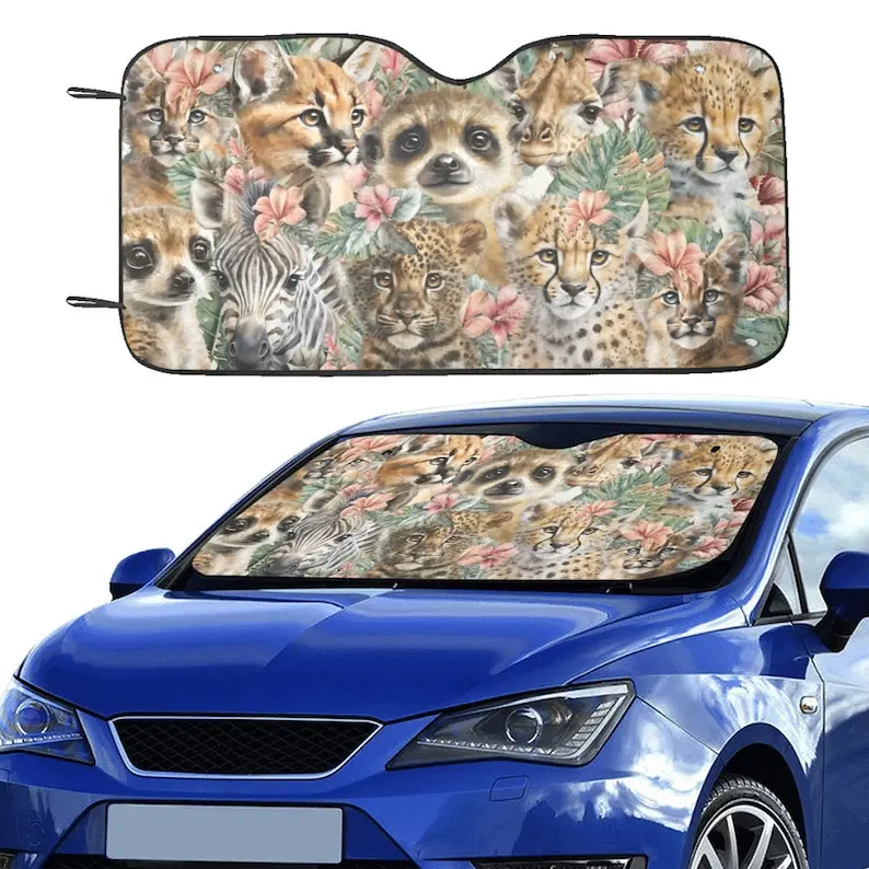 

Wildlife Safari Animal Floral Windshield Car Sunshade, Windshield Sun Shade, Nature Jungle Lover Car Accessories, Front Window C